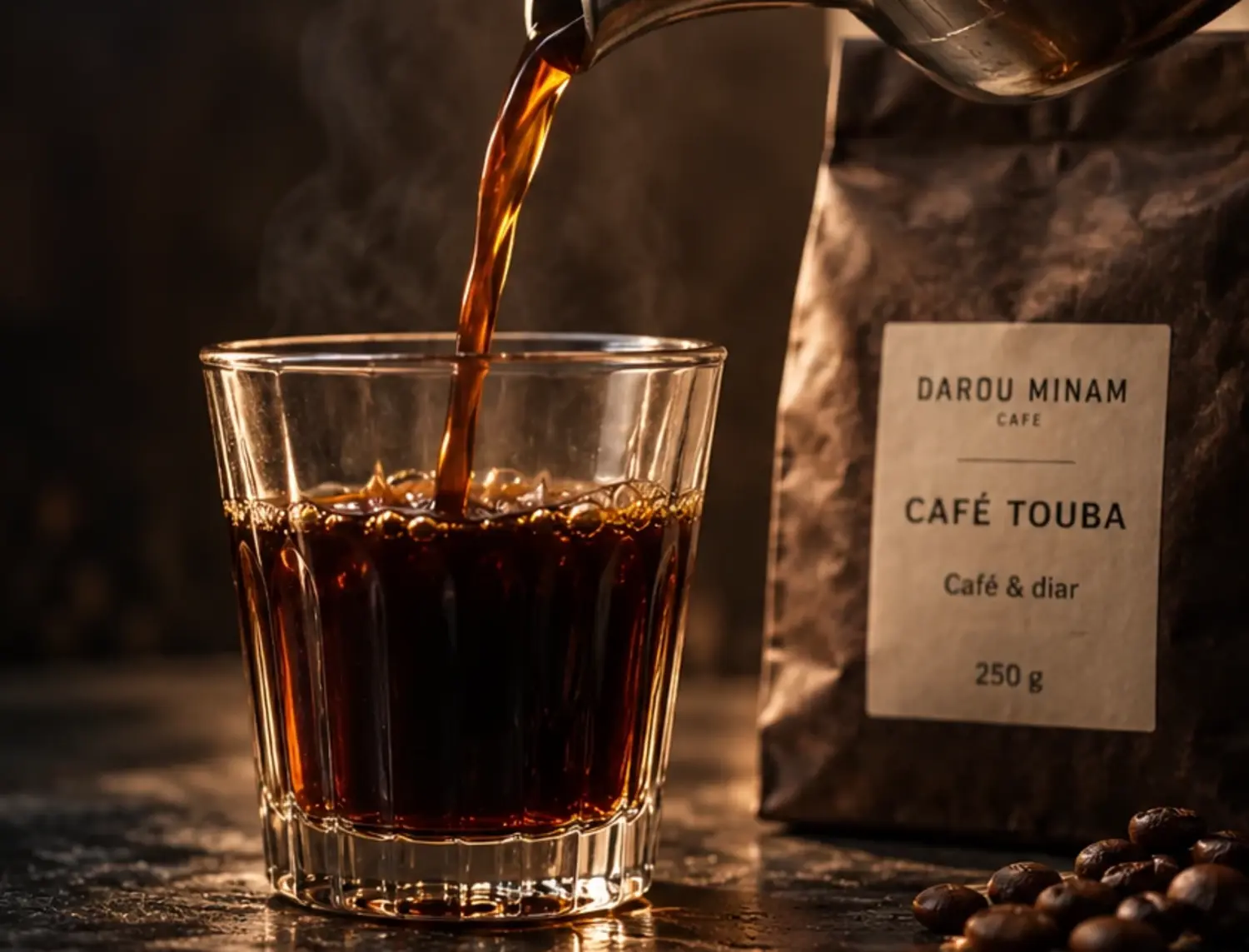 Café Touba versé dans un verre, à côté du paquet Daaru Minam