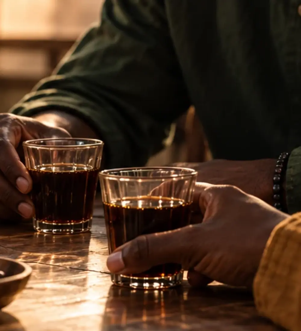 Des mains partagent un café Touba autour d'une table