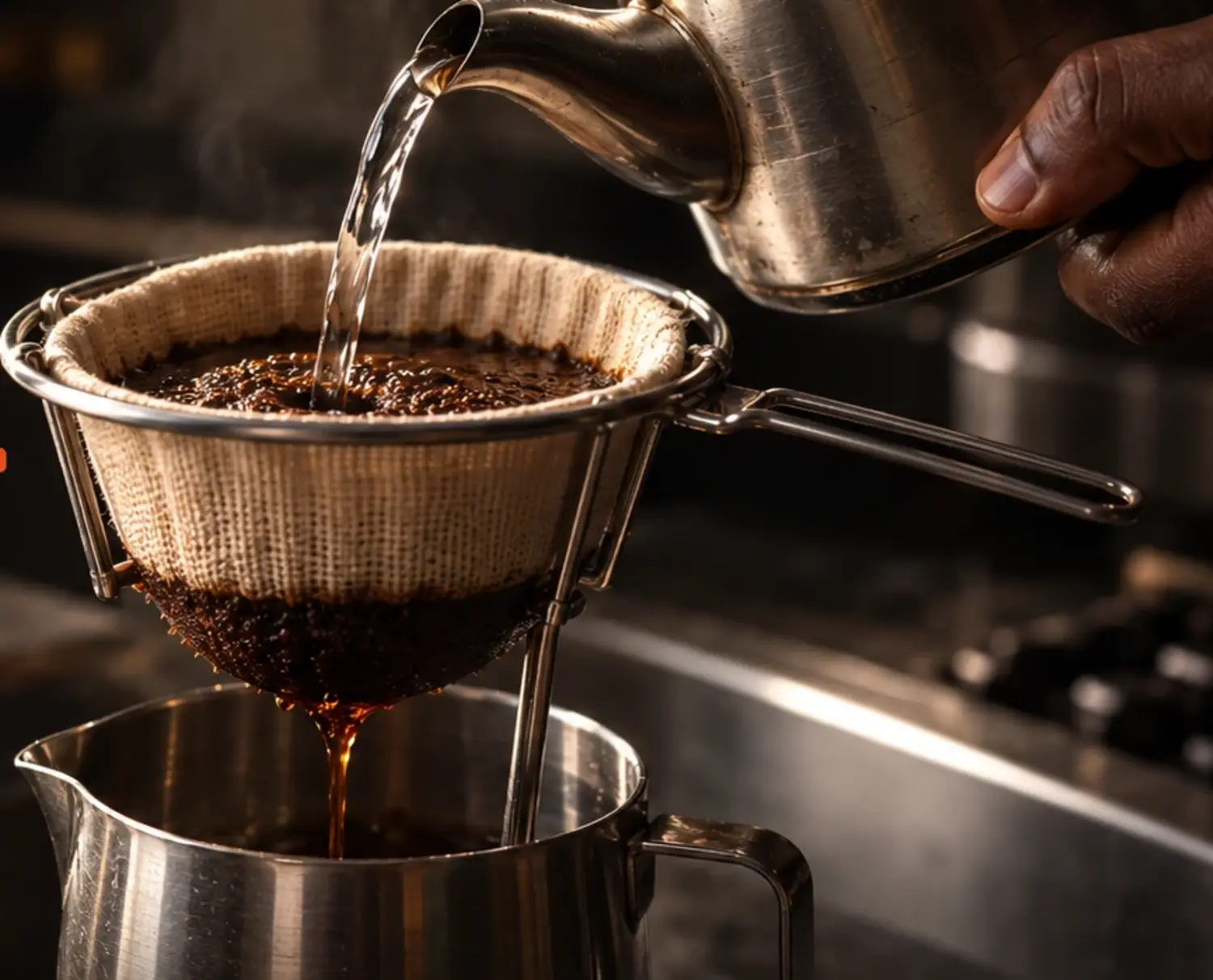 Le café filtré à travers la chaussette